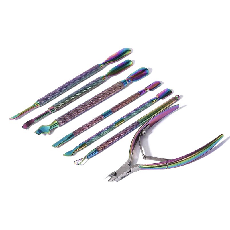 Empuje de acero 3-Piece Set uñas piel muerta empuje gradiente herramienta de uñas removedor de uñas para dos extremos tijeras de piel muerta de color