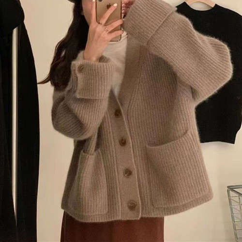 Korean style V-neck soft waxy sweater for women in autumn and winter new style single-breasted loose and versatile lazy style knitted cardigan jacket trendy