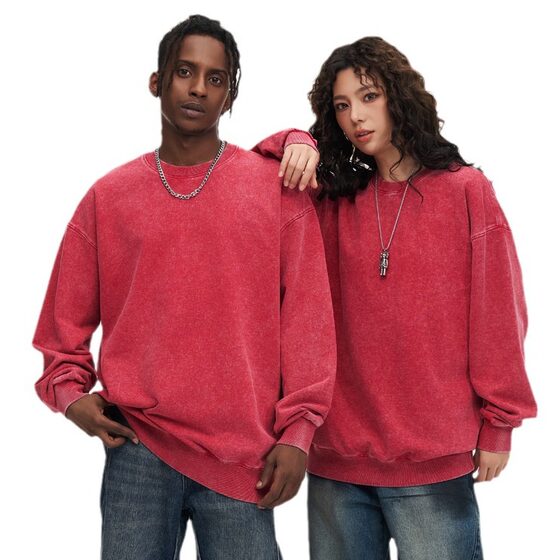 425g washed distressed gray round neck sweater men's spring and autumn solid color hooded top American high street heavy coat