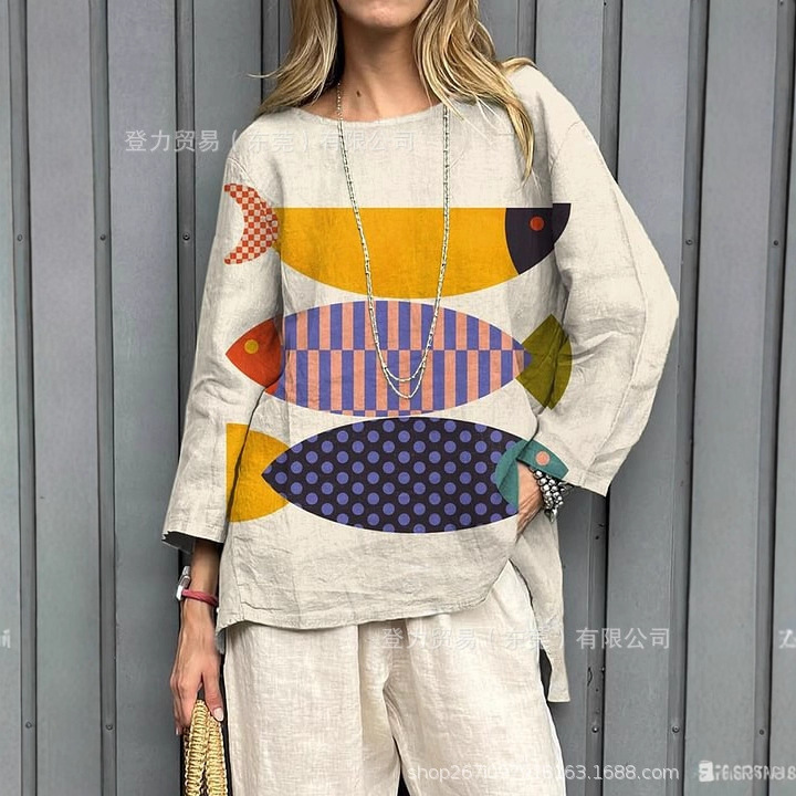 Cross-Border 2025 Amazon New Women's Printed Loose Retro Style Short Front and Long Back Long-Sleeved Tops