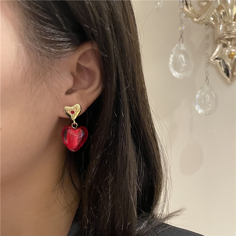 French retro cherry red heart diamond niche design temperament wild fashion earringspicture2