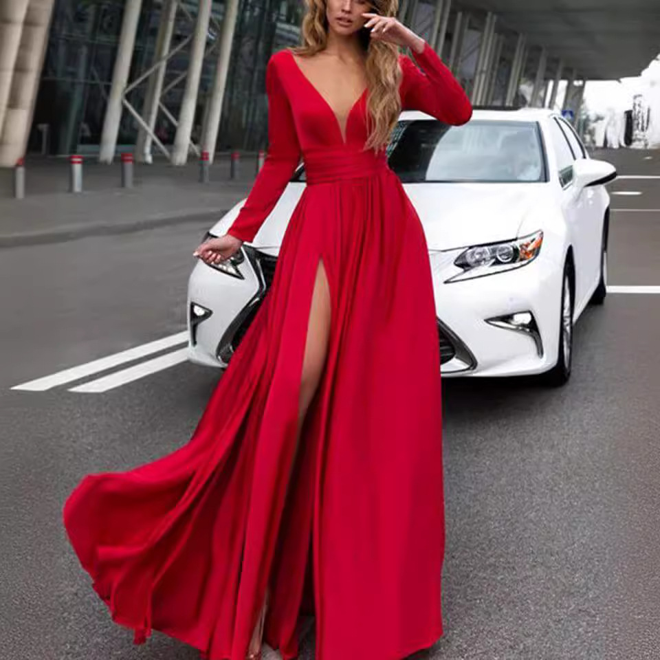 Vestido de noche largo de gasa elegante con cuello en V y manga larga, estilo europeo y americano, para comercio exterior, Amazon, AliExpress, Wish image 3