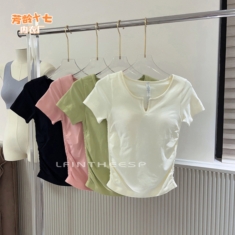 Ice Cream Pleated Bubble Slim Seamless V-neck Short Sleeve Sports Fixed Coaster Yoga Clothes Fitness Top Women