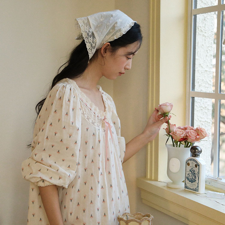 "Paris Sweetheart" Fairy-Like Sweet Floral Home Nightgown 100% Cotton Soft Double-Layer Gauze Lace Nightgown Spring "Paris Sweetheart" Fairy-Like Sweet Floral Home Nightgown 100% Cotton Soft Double-Layer Gauze Lace Nightgown Spring