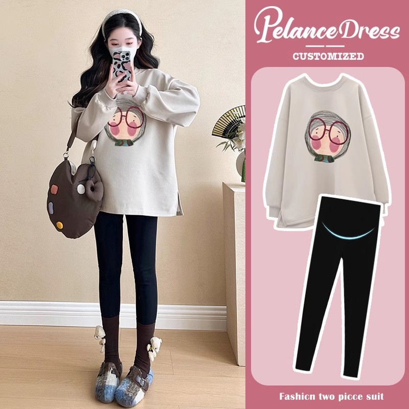 2025년 신상 임부복 봄 가을 투피스 슈트 패셔너블 한국식 비임신 상의 임산부 밀크티 컬러 스웨터