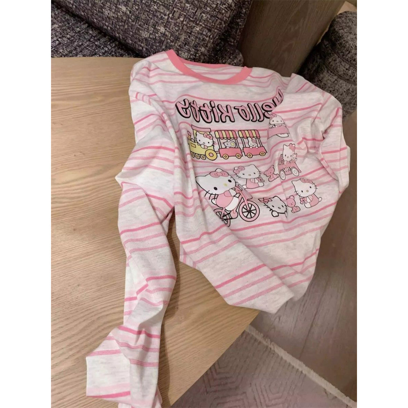 ファッショナブルな年齢を減らすストライプキティ猫長袖 Tシャツ女性の夏薄いわずかに透けるルーズ日焼け止めブラウス女性のトップ|undefined