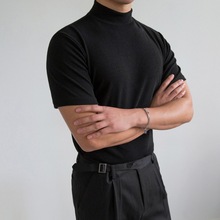 跨境速卖通现货男装夏季纯色短袖时尚青年打底衫男士紧身高领T恤