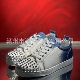 cl andgz白色蓝尾牛皮低帮红底鞋男鞋系带铆钉鞋情侣款女休闲板鞋