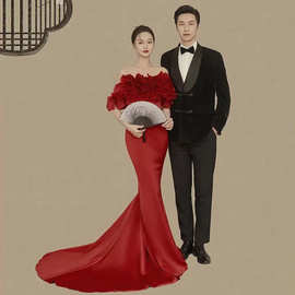 新款影楼新中式园林工笔风服装中国风红色鱼尾主题婚纱礼服