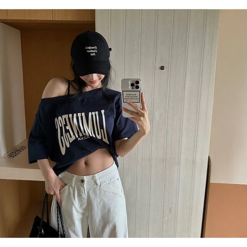American Retro Off-Shoulder Lettered Hot Girl Short-Sleeved T-Shirt 2026 Summer New Style Loose Casual Off-Shoulder Top for Women