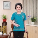 中老年女装夏装短袖t恤大码妈妈装印花上衣冰丝烫金圆领纯色半袖