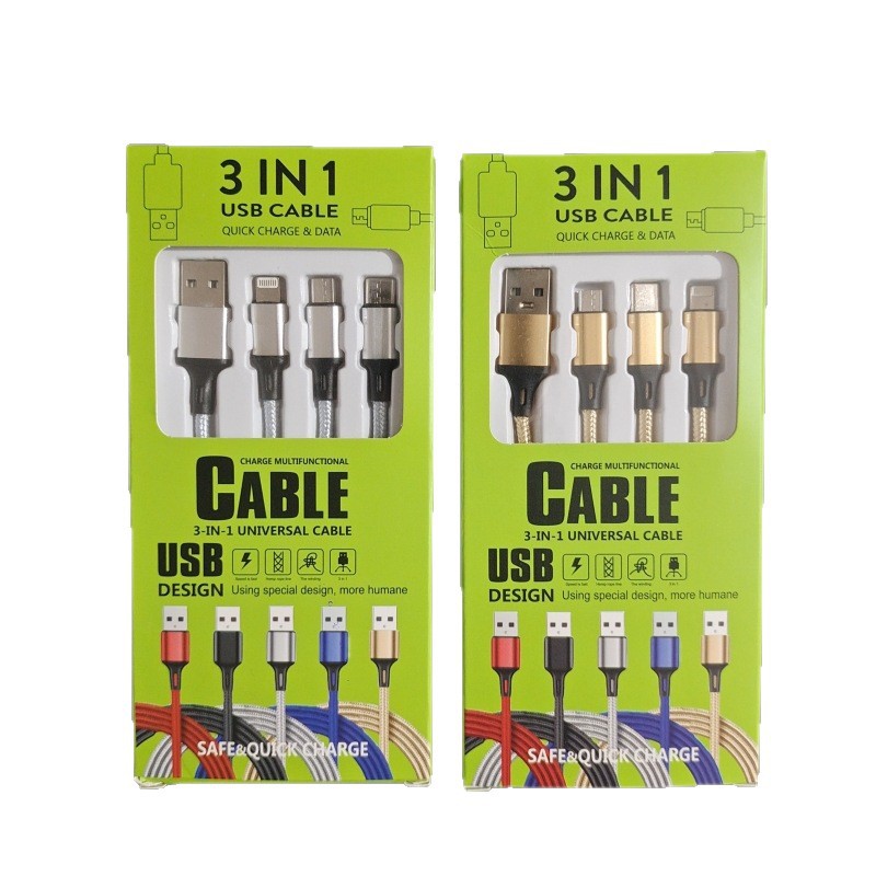 Trenzando un cable de datos de teléfono móvil de tres tiros 2A carga rápida 3 en 1 cable de carga de teléfono móvil logotipo pequeño regalo al por mayor