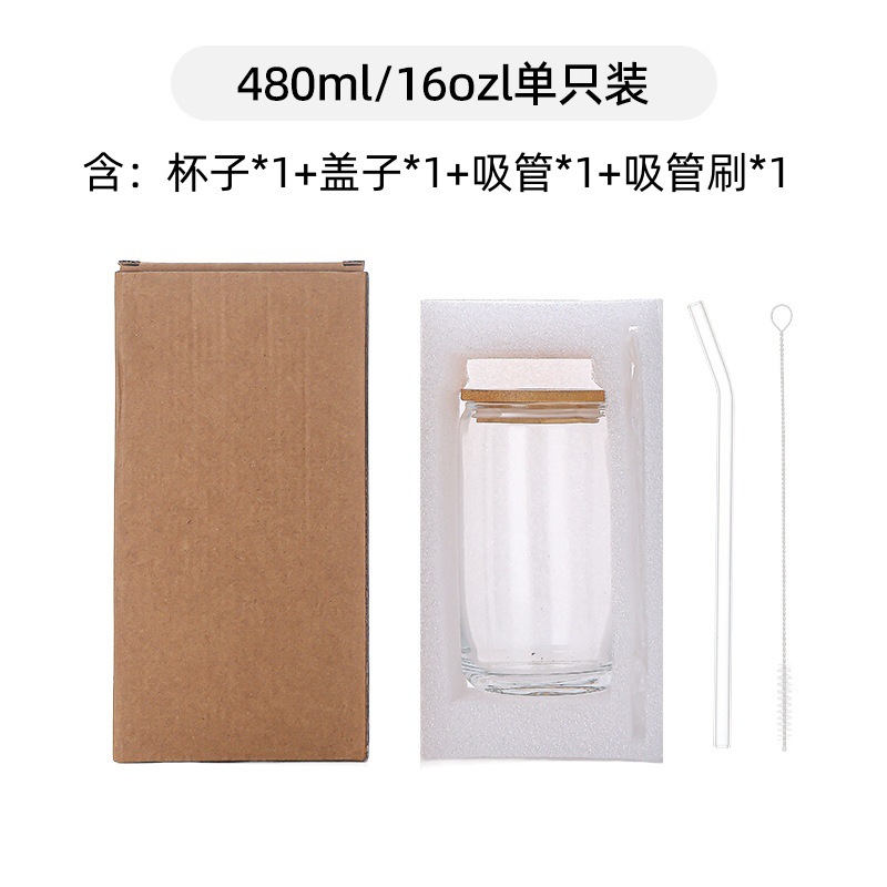 Vaso de Cola de 16 oz con Tapa y Pajita, Impresión UV Transfronteriza, Vaso de Vidrio Resistente al Calor para Té con Leche, Café, Tapa de Bambú, Vaso de Agua Tipo Mason Jar