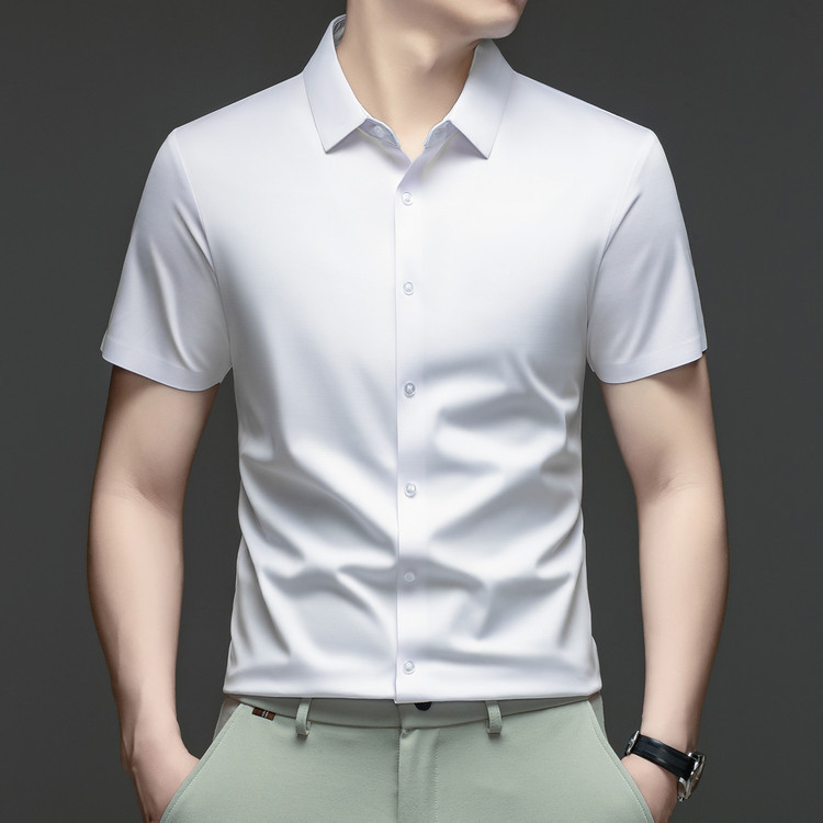 Summer Hot-Selling Ice Silk Seamless Short-Sleeved Collared Shirt for Middle-Aged Men, Fashionable Casual Elastic Breathable Shirt