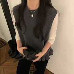 韩系圆领针织马甲女2025秋新款木耳边拼接设计感叠穿无袖毛衣背心