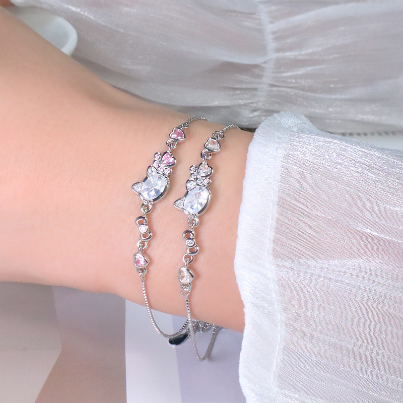 Pink Diamond Cat Bracelet, Exquisite Bow-Knot Jewelry, Birthday and Graduation Gift, Light Luxury Zircon Love Heart Cat Paw Bracelet