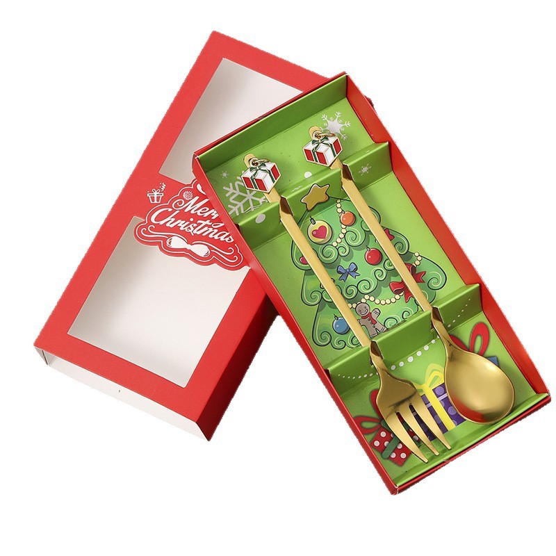 クリスマススプーンとフォーク 2 ピースステンレス鋼食器クリエイティブクリスマスペンダントデザートコーヒースプーンホリデーギフトフルーツフォーク|undefined