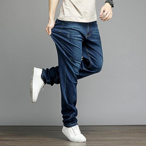 Men's Summer Slim Fit Wide Leg Straight Leg Elastic Small Foot High Waisted Stretch Denim Pants for Plus Size