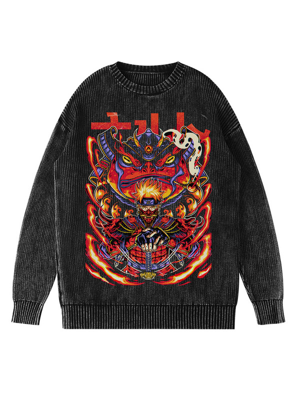 2025 New Naruto Anime Style American Trendy Brand Warm Knit Sweater Washed Vintage Crew Neck Sweater for Men