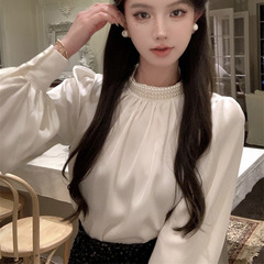 法式泡泡袖上衣女2025新款宫廷风复古珍珠立领缎面衬衣白色白衬衫