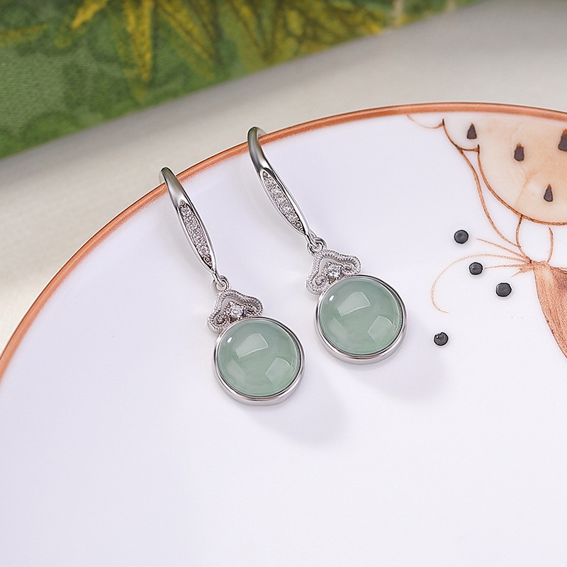 Khuyên tai bạc S925 hình móc câu đính ngọc bích lam thủy phỉ thúy hạt tròn hình học phong cách tân trung hoa — Phong cách 1
