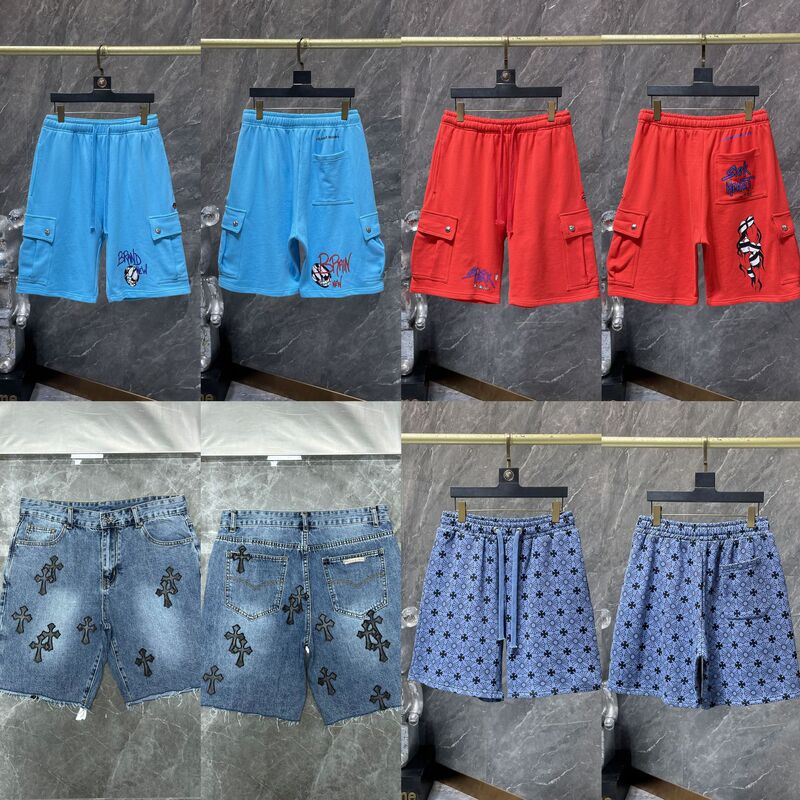 Cross-Border Foreign Trade Wholesale Spring and Summer New Ch Croton Blue Graffiti Red Lip Embroidery Large Pocket Shorts for Men