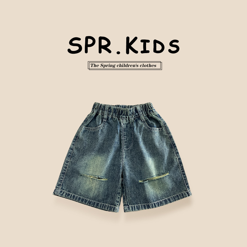 Children's denim shorts, five-point pants, summer style, 2026 new style, boys' ripped pants, thin summer shorts for toddlers.