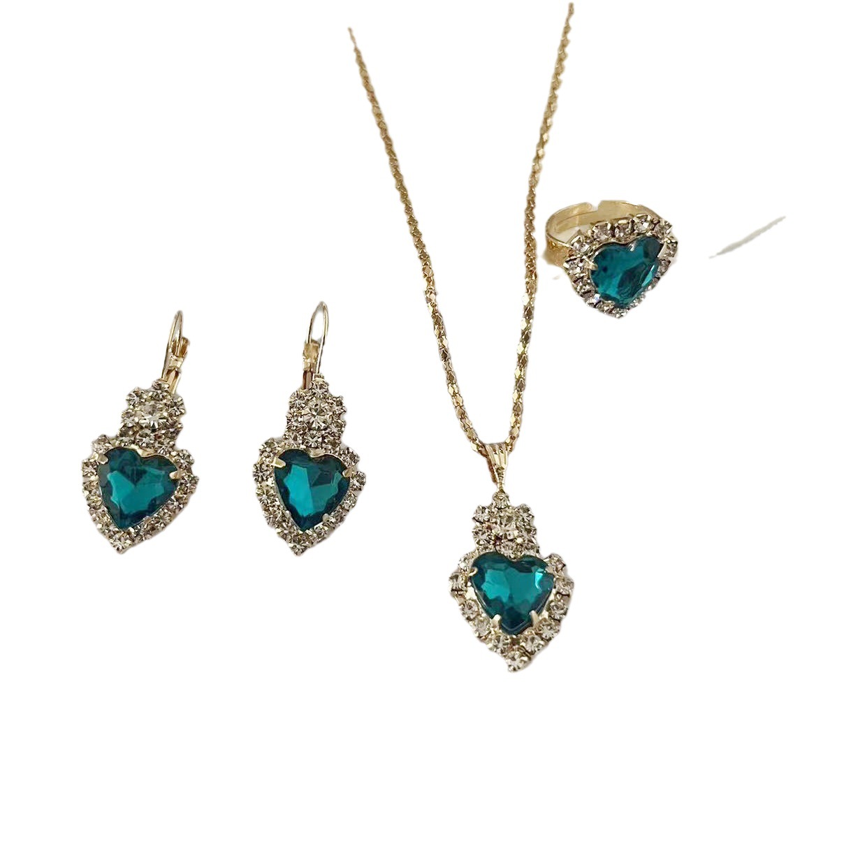 New Diamond Heart Pendant Necklace Earrings Banquet Versatile Three piece Jewelry Set_voghion.com