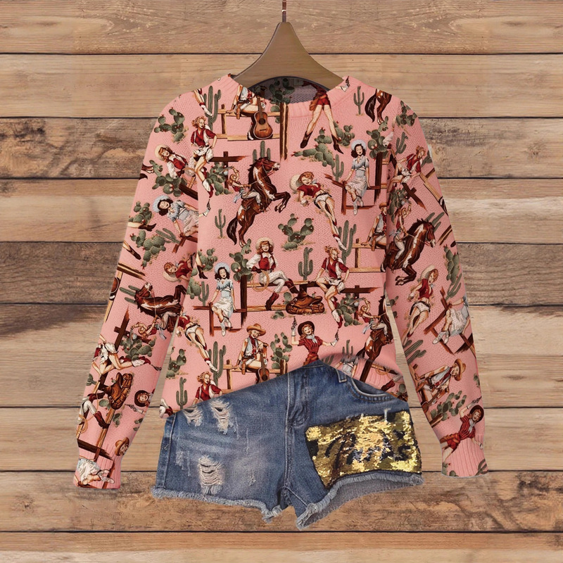 Niche Design Pink Western Style Printed Knitwear Slimming Look Elegant Long-Sleeved Top for Women in Autumn and Winter