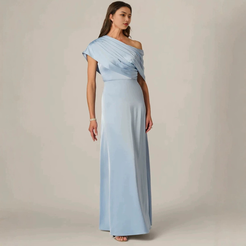 New cross-border light blue evening dress for women, one-shoulder asymmetrical pleated satin floor-length bridesmaid dress New cross-border light blue evening dress for women, one-shoulder asymmetrical pleated satin floor-length bridesmaid dress