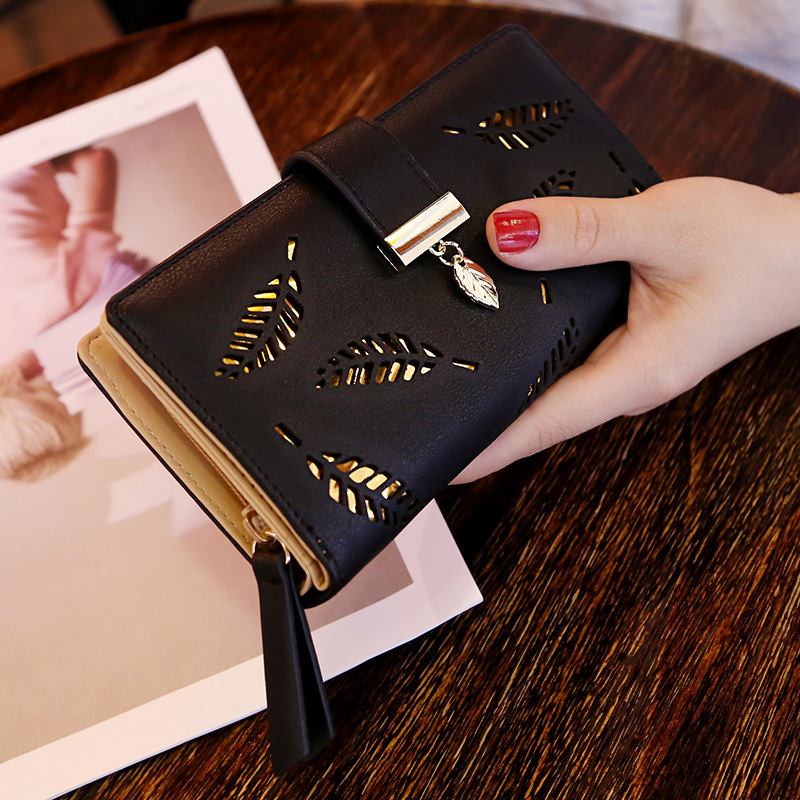 2025 New Korean Style Women's Wallet Long Fashionable Clutch Bag Hollow Leaves Zipper Buckle Wallet Women's Bag