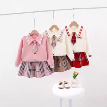 秋季新款女童衣服针织衫甜美2024童装毛衣包芯纱翻领假领带套装