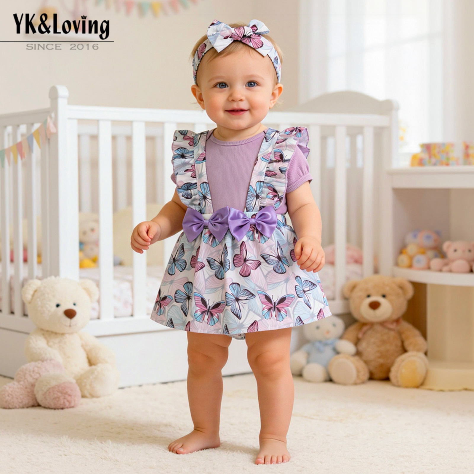 Ropa infantil 26 mariposa púrpura impresa correa falda bebé vestido de manga corta set set set de verano bebé set