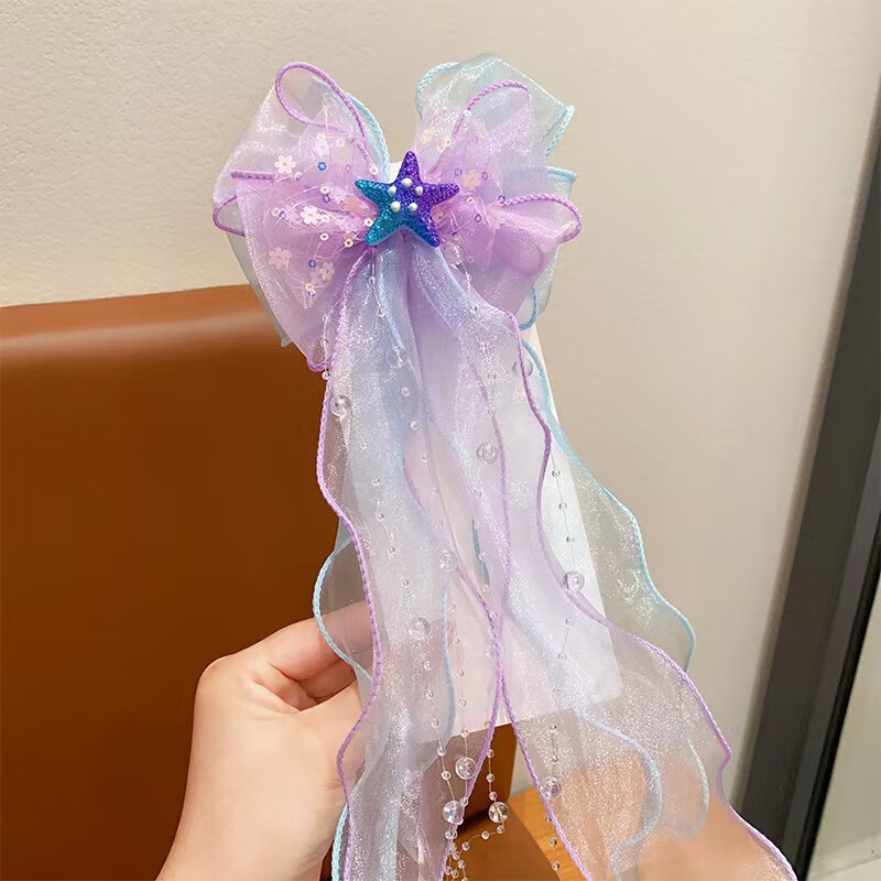 子供の弓額チェーン額飾りマーメイドパールタッセルヘアピン女の子マーメイド耳掛け女の子の頭飾り|undefined