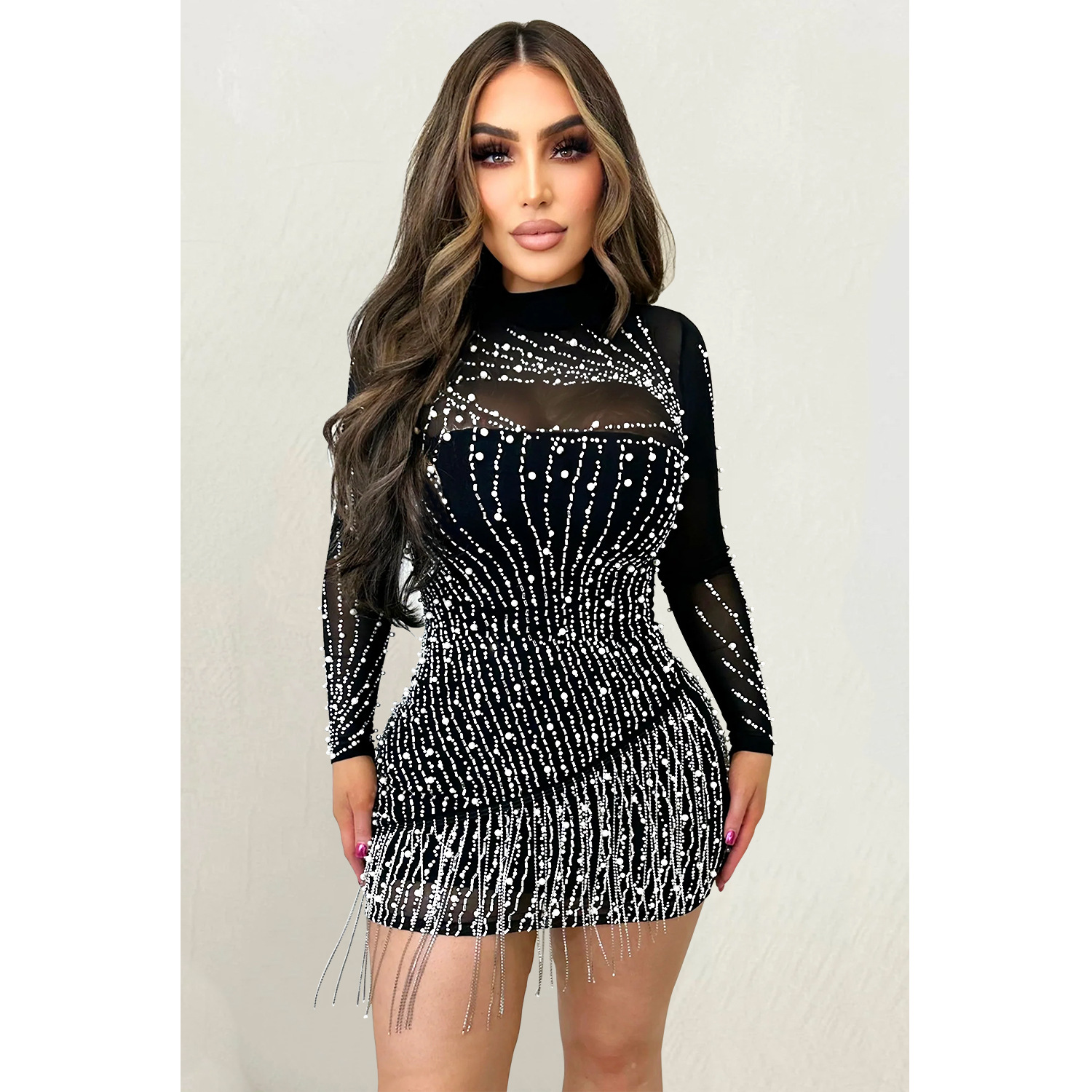 C6381 transfronterizo AliExpress Amazon moda europea y americana de las mujeres de manga larga de malla de perforación caliente de la burbuja del grano falda vestido