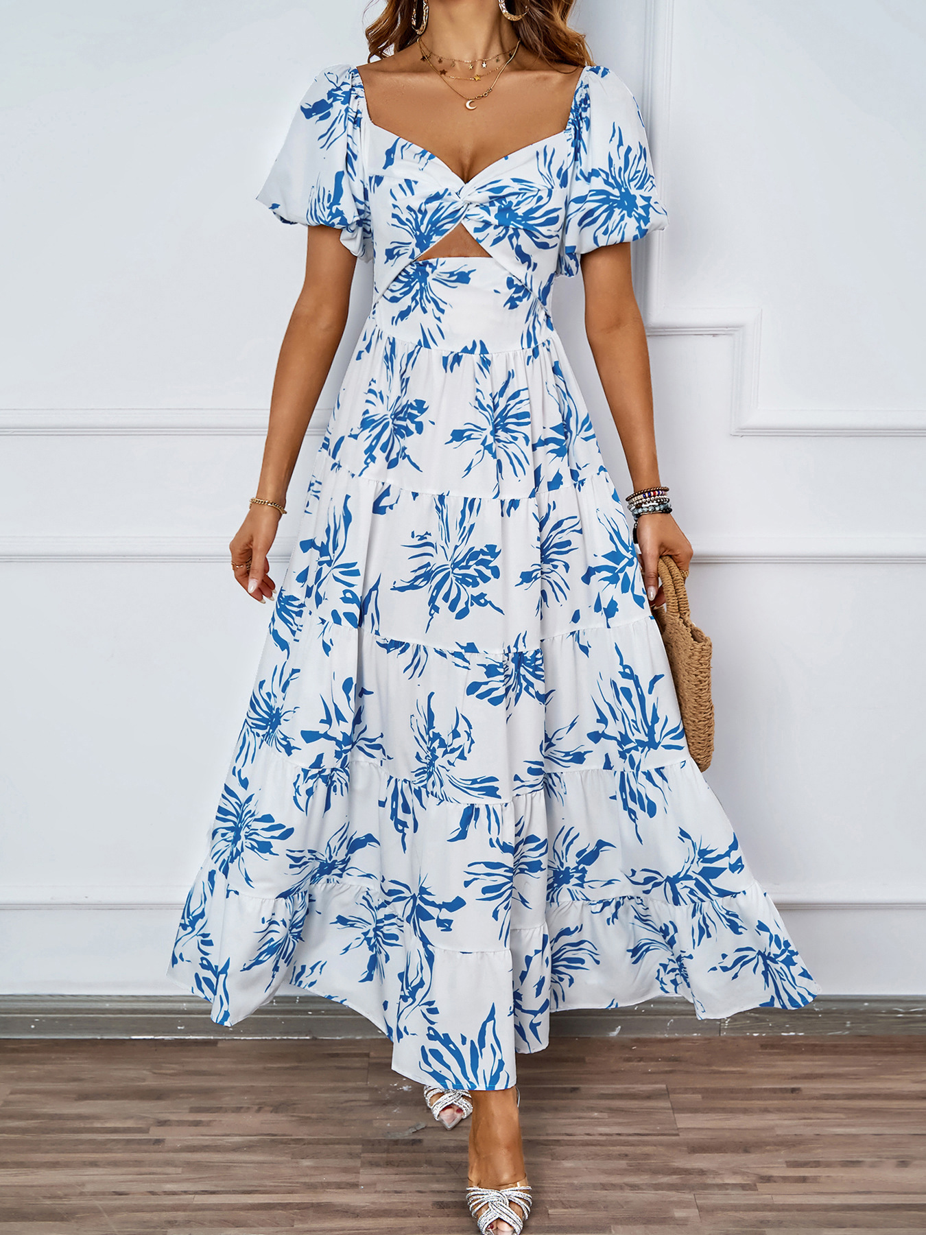 455g Weight Maxi Long Dress Dress Length Type Short Sleeve Sleeve Length Swing Dress Dresses Type Puff Sleeve Sleeve Type Polyester Fabric Type High Waist Waist Line Holiday, Daily Occasion Off Shoulder Neckline Regular Fit Fit Type Color Block, Painted Flower Pattern Summer Season Women's Gender Printing Design Elegant, Streetwear Style Wholesale Women's Elegant Streetwear Printing Color Block Painted Flower Holiday Daily Off Shoulder Short Sleeve Swing Dress 26