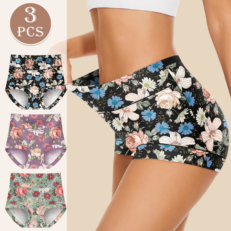 High waist floral printing combination suit factory direct European and American ladies underwear Amazon in stock belly briefs High waist floral printing combination suit factory direct European and American ladies underwear Amazon in stock belly briefs
