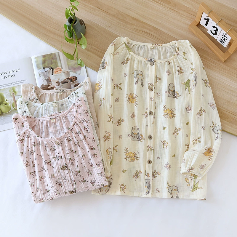 Хлопковый топ с круглым вырезом и принтом, цельный тонкий марлевый кардиган с длинными рукавами, домашняя одежда, женские пижамы, весна и осень, можно носить на улице