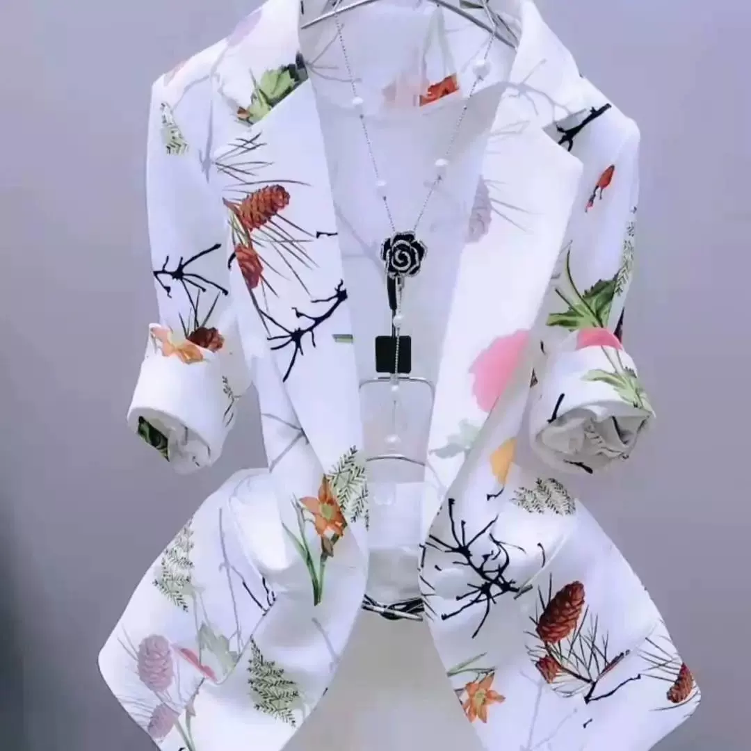 2025年春夏季薄款洋气小外搭开衫女短款防晒印花外套修身西服外衣