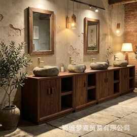 新中式老榆木洗手台储物浴室柜落地式实木复古卫浴柜民宿洗手台柜