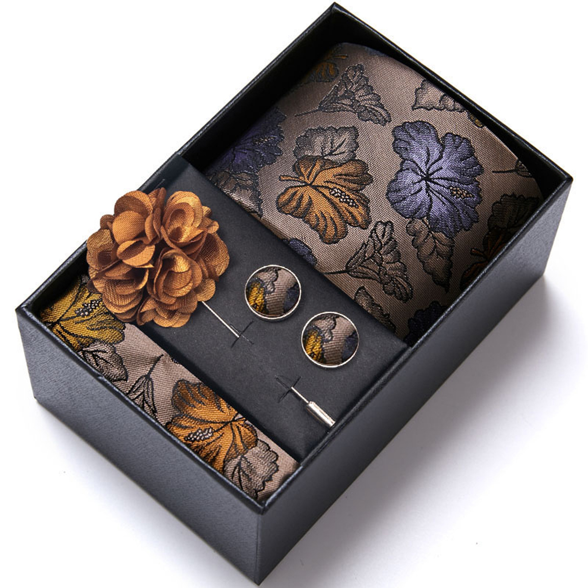 男性の新しい青いストライプのプリントネクタイのスカーフのカフスの胸の花のギフトボックスの包装の贈り物の佳品は祝日に適します。