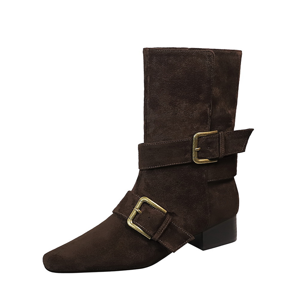 Retro Suede Ankle Boots For Women With Square Toe And Chunky Heel_voghion.com