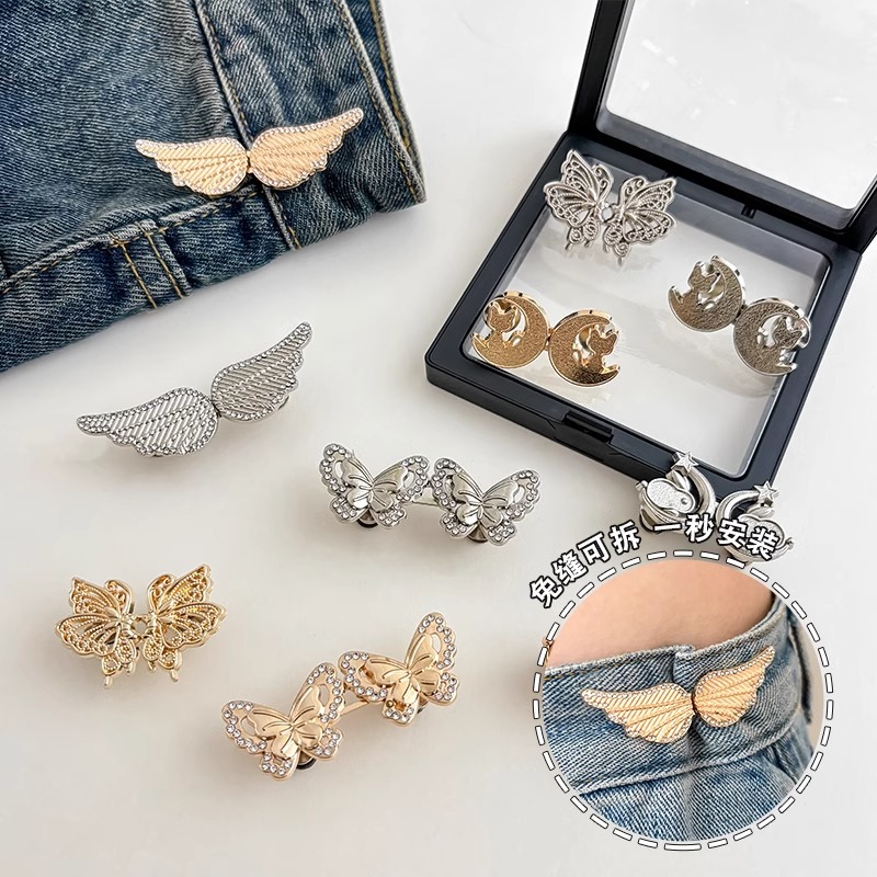 Jeans sin agujeros, pantalones de cintura, pantalones de cintura, botones ajustados, cintura, broche, decoración de perlas