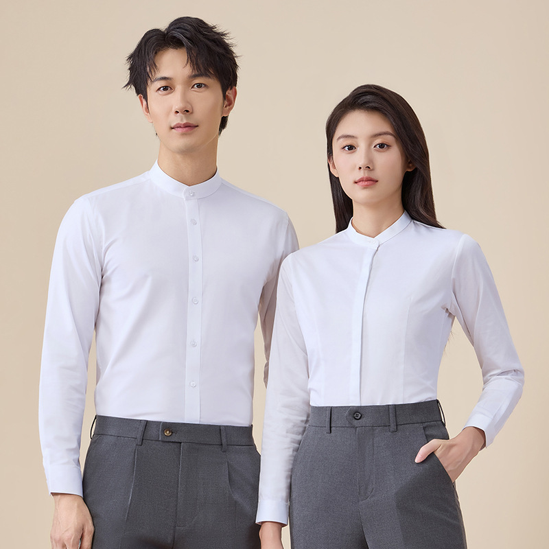 竹纤维立领中式长袖衬衫工作服职业装物业公司衬衣绣logo男女同款