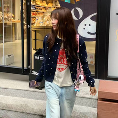 2025藏蓝色新款复古波点满印毛衣针织开衫女外套百搭显瘦上衣