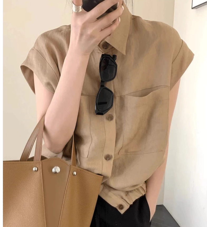 Áo sơ mi polo nữ tay ngắn cổ nhỏ tay lỡ form ôm, thiết kế phối tay lỡ thanh lịch — Màu cà phê chi tiết 4