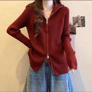 正肩双拉链针织开衫女早春大码胖妹妹显瘦欧货上衣美拉德毛衣代发