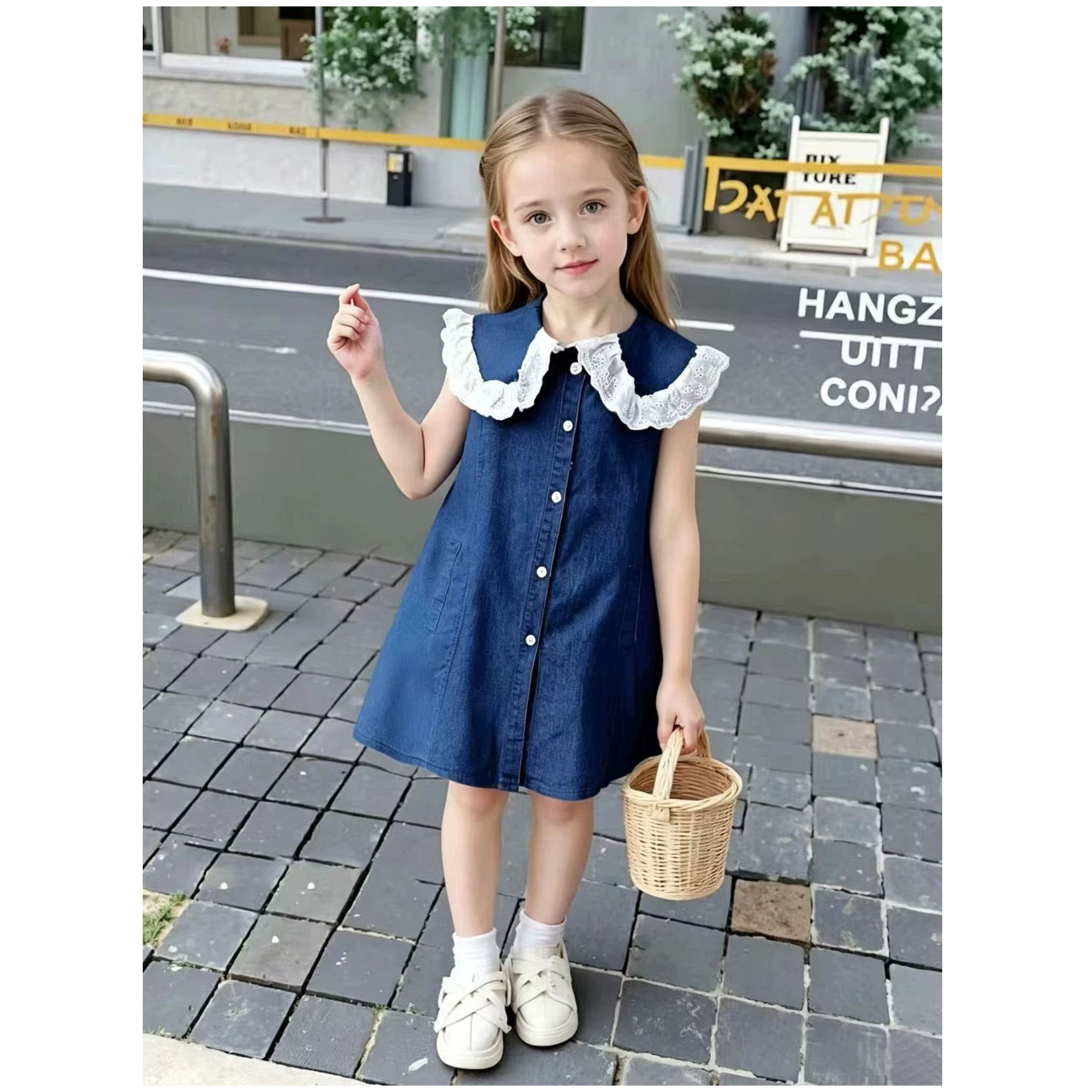 2026 New Fashionable Summer Outfit for Girls, Stylish Children's Clothing, Doll Collar Sleeveless Denim Dress, Summer Dress for Young Girls