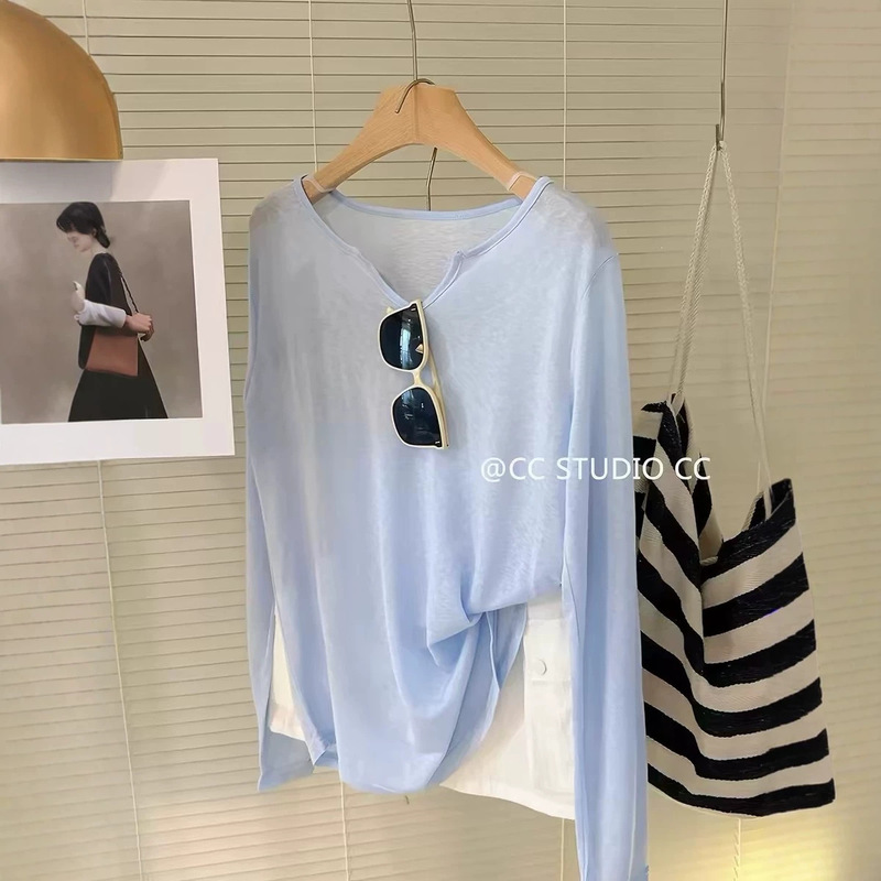 Plus Size 150kg Thin Cool V-Neck Tencel Snowflake Cotton Long-Sleeve T-Shirt for Women, Summer Sun Protection Cover-Up Top Ins