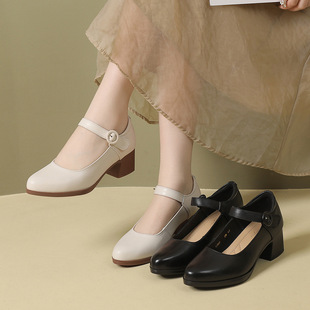 Good Wear Mom Shoes Soft Sole Women's 2024 Stewardess Work Shoes Elegant Genuine Leather Thick Heel Mary Jane Model Show Shoes
